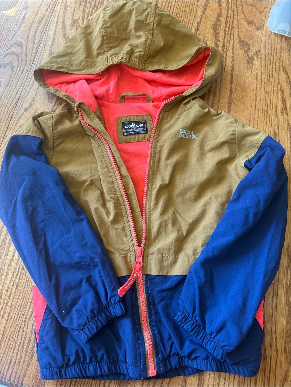 Eddie Bauer Boys 4T Fleece Lined Windbreaker Hooded, Tan, Navy & Coral Pink